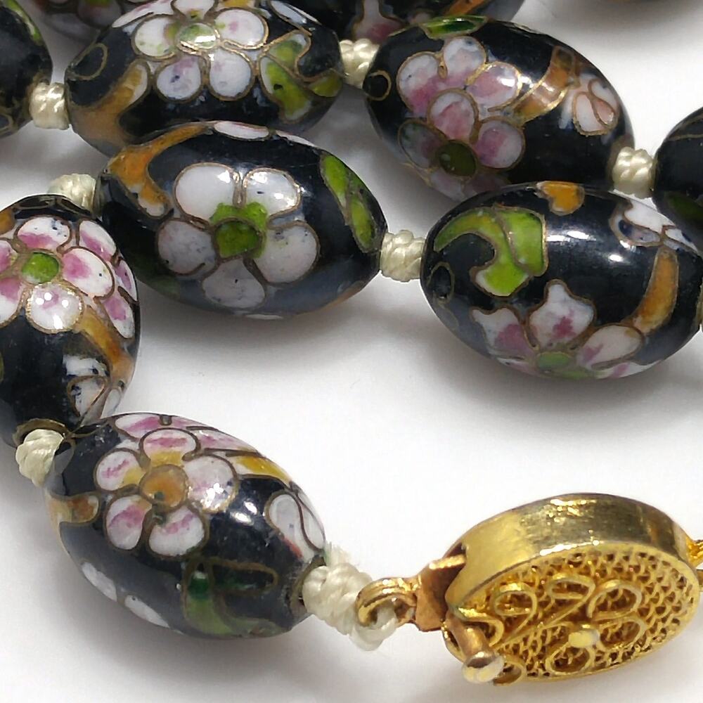Vintage Cloisonné Beaded Necklace, Black Hand Painted Floral Beads, Vintage
